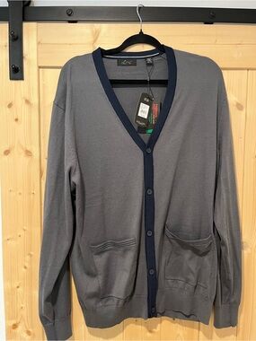 Greg Norman Collection V-Neck Cardigan Sweater with Navy Trim - Men 🦈
